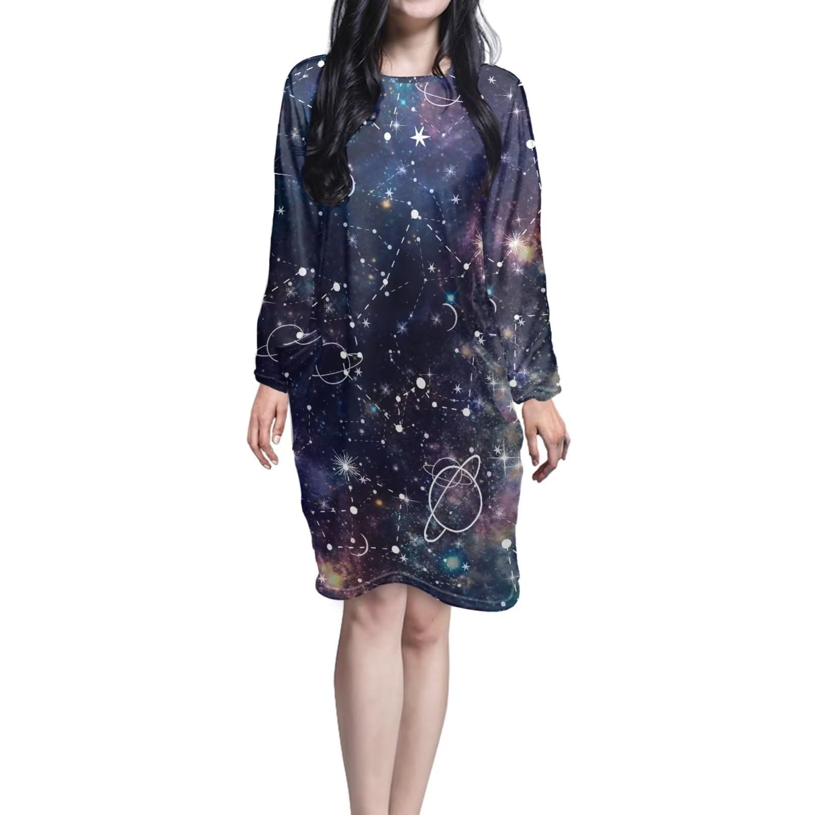 Belidome Camisón para mujer, pijama sexy de invierno, manga larga, Estampado espacial de galaxia constelación, L