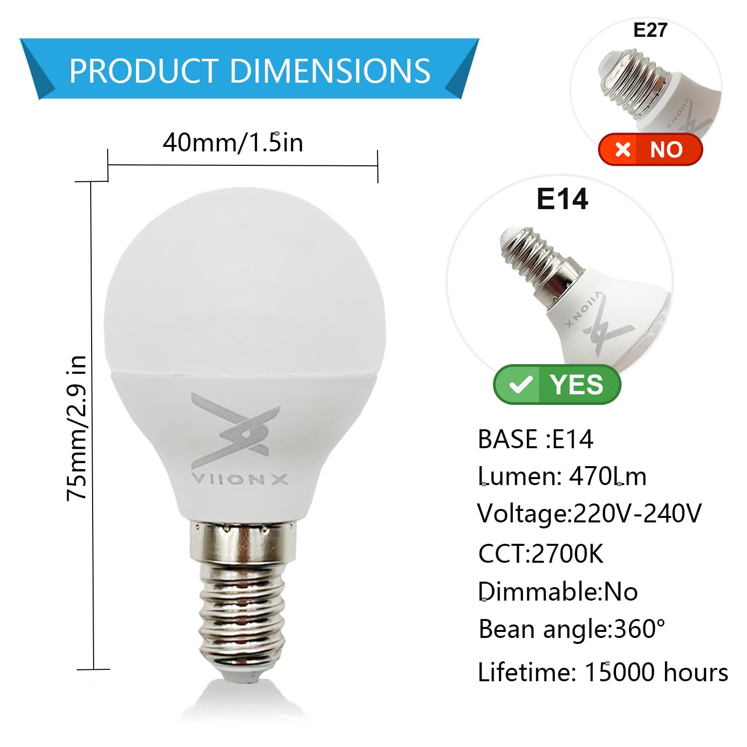 VIIONX E14 LED Bulb, 4.9W (40W Equivalent), 470 Lumens, Warm White 2700K, Non-Dimmable - Image 2