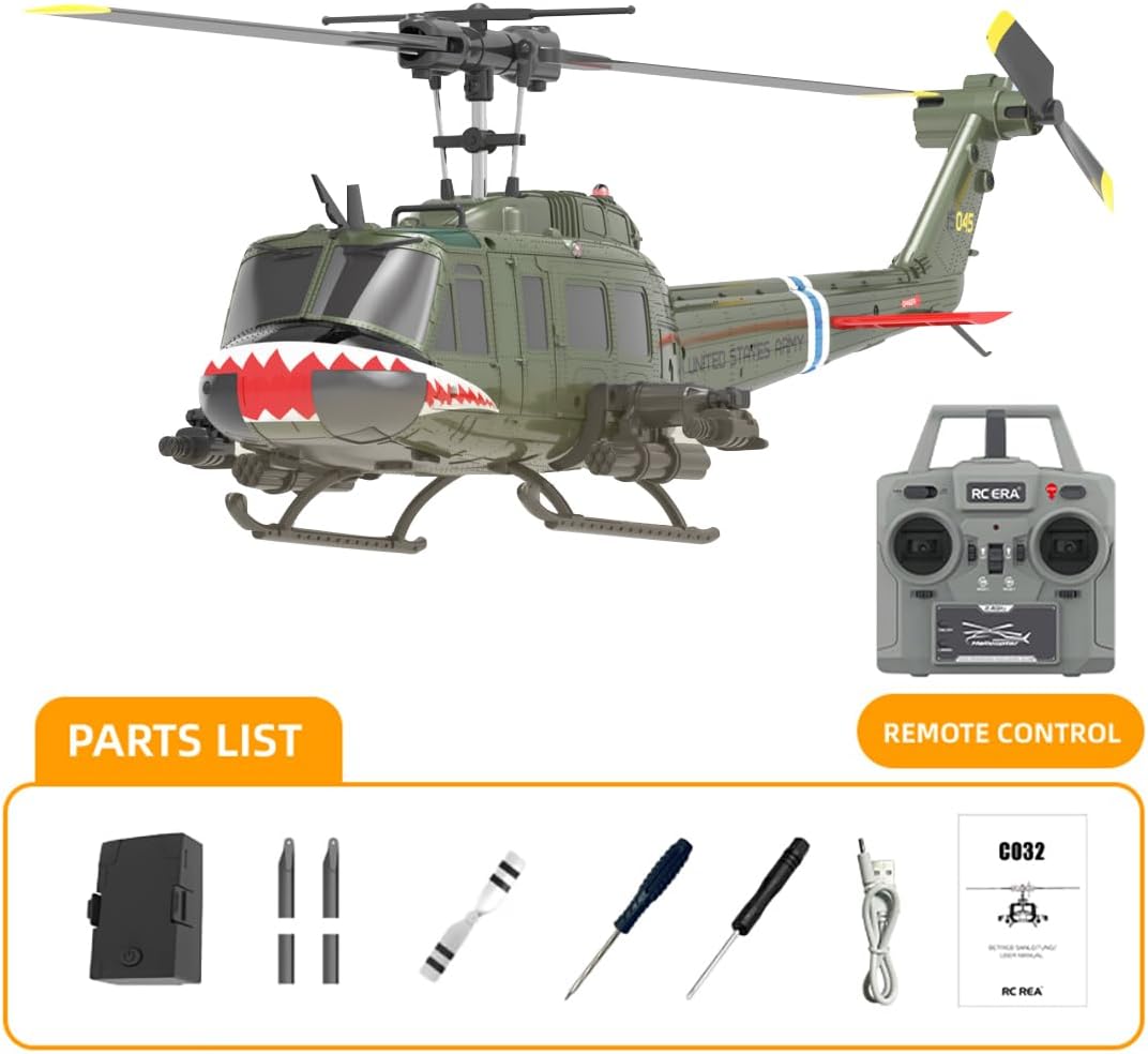 RC ERA C032 UH-1 Huey RC Helicopters for Adults Beginners, 1/48 Scale 6CH 2.4G 6-Axis Gyro Remote Control Stabilized Aircraft with 3D Rolling & Altitude Hold (RTF / 3 Battery)