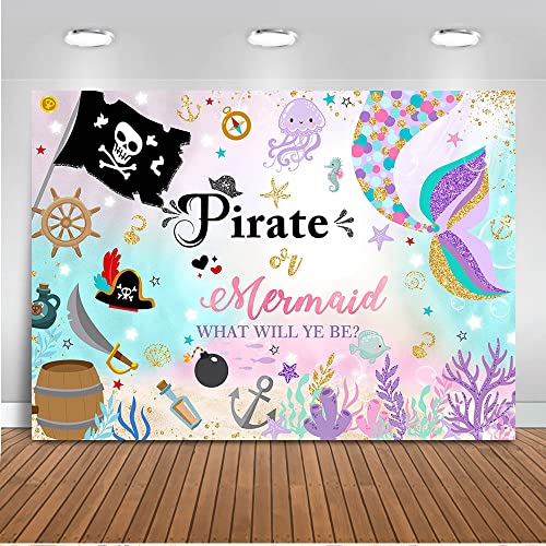 Mocsicka Mermaid or Pirate Gender Reveal Backdrop Ocean Baby Shower Sprinkle Party Decoration Under The Sea Baby Gender Reveal Party Photo Studio Background Banner (7x5ft)