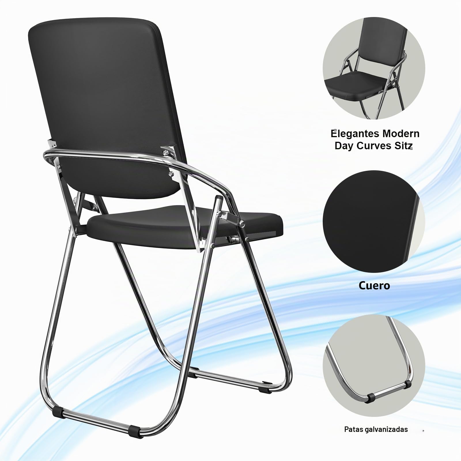 Silla Plegable de Metal Piel Sintética con Asiento y Respaldo Tapizado Sillón Sillas Plegables para el Hogar, al Aire Libre, Cocina, Oficina, Silla Plegable Acolchada, Negro, 1 Pieza