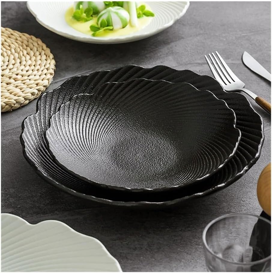 Dinner Plates Household Ceramic Salad Plate Three-dimensional Relief Texture High-grade Tableware Creative Irregular Deep Plate(Black,Medium)