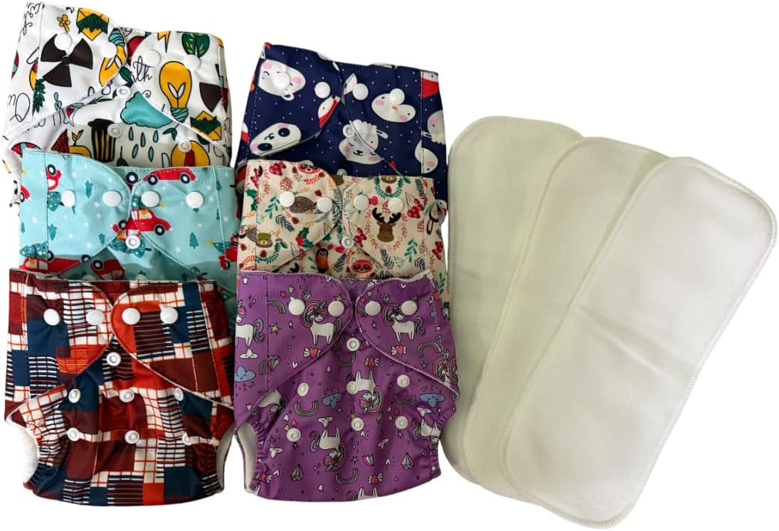 Reusable Printed Cloth Diaper with Adjustable Snap Closure and Absorbent Inserts – Washable, Eco-Friendly, Printed Baby Diapers - for Kids up to 4 Years (Large) (Pack of 6 Diapers with 3 Insert)
