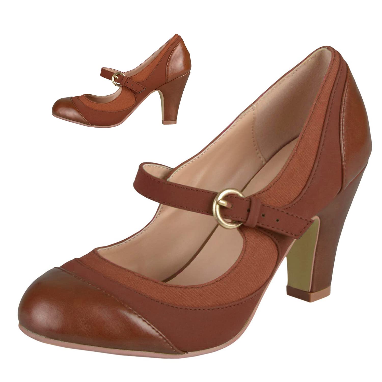 SHODENSE Women Kitten Heel Mary Jane Pumps Closed Round Toe Ankle Strap Patchwork Comfy 3” Mid Chunky Mary Jane Heels Cap Toe Two Tone Buckle Dress