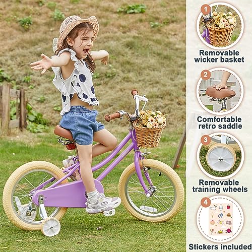 Petimini 18 Inch Little Kids Bike for Age 5 6 7 8 Years Old Girls Retro Vintage Style Bicycles with Basket Training Wheels and Bell, Purple by Petimini - Image 3