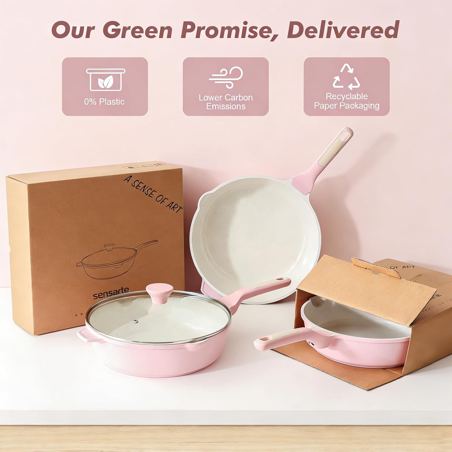 SENSARTE Nonstick Ceramic Skillet with Lid 10-inch, 3.5QT Non Toxic Deep Frying Pan, Saute Pan with Lid, Stay-cool Handle, Healthy Cooking Pot, Induction Compatible, Pink - Image 7