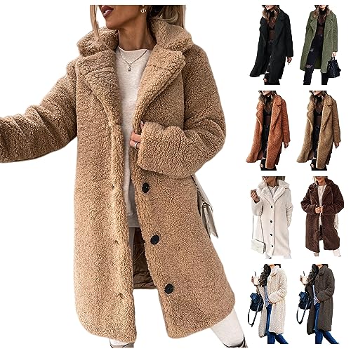 Clearance Womens Fuzzy Fleece Open Front Hooded Cardigan Jackets Sherpa Outerwear Coats with Pockets A-Khaki