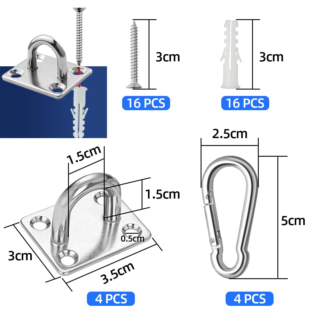 Piatto di ancoraggio da soffitto in acciaio inox per carichi pesanti, set di 4 ganci da soffitto resistenti M5 a forma di U con moschettone e viti, fino a 55 kg per poltrona sospesa, amaca, ombrellone