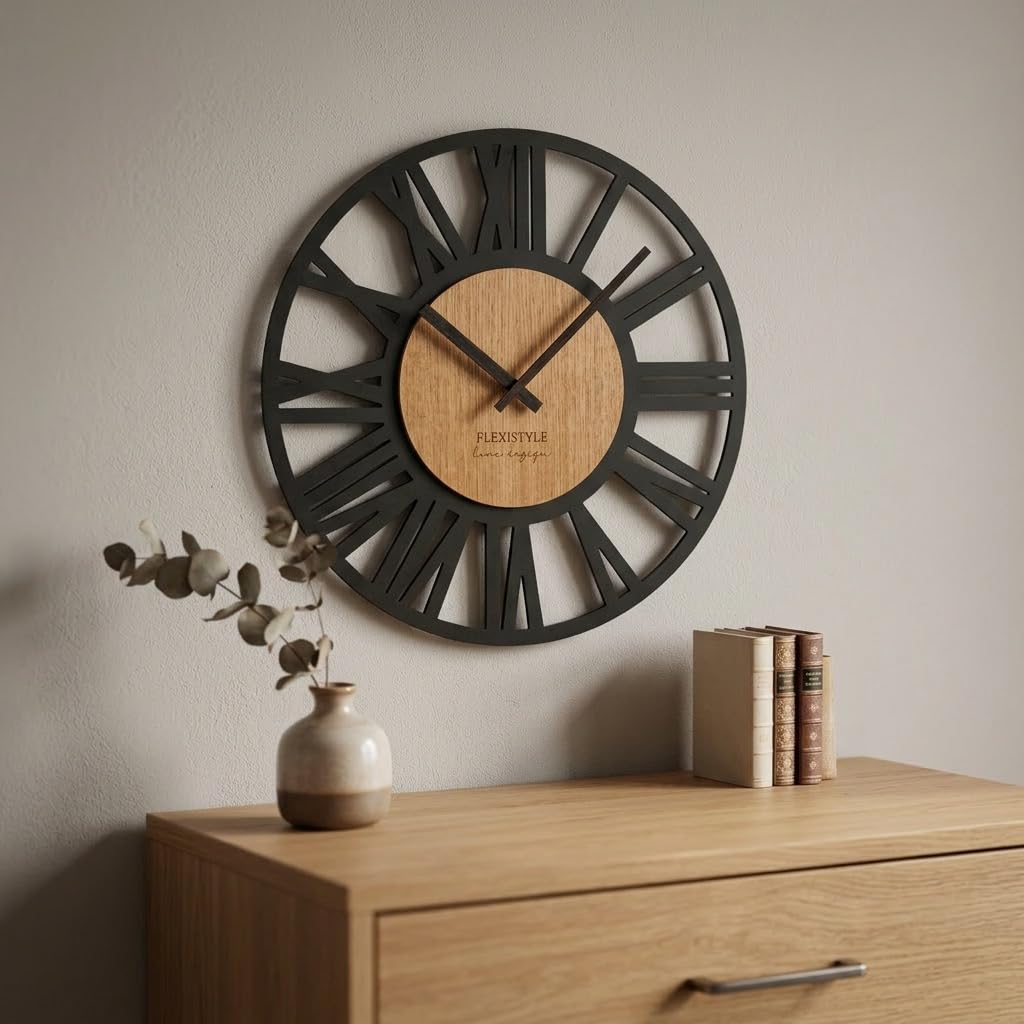 FLEXISTYLE Wanduhr groß Adulto 50cm Durchmesser LOFT aus Holz Eiche ohne tickgeräusche Wohnzimmer (Schwarz/Eiche), z219-1/1ad-d9-x 50cm Made in EU