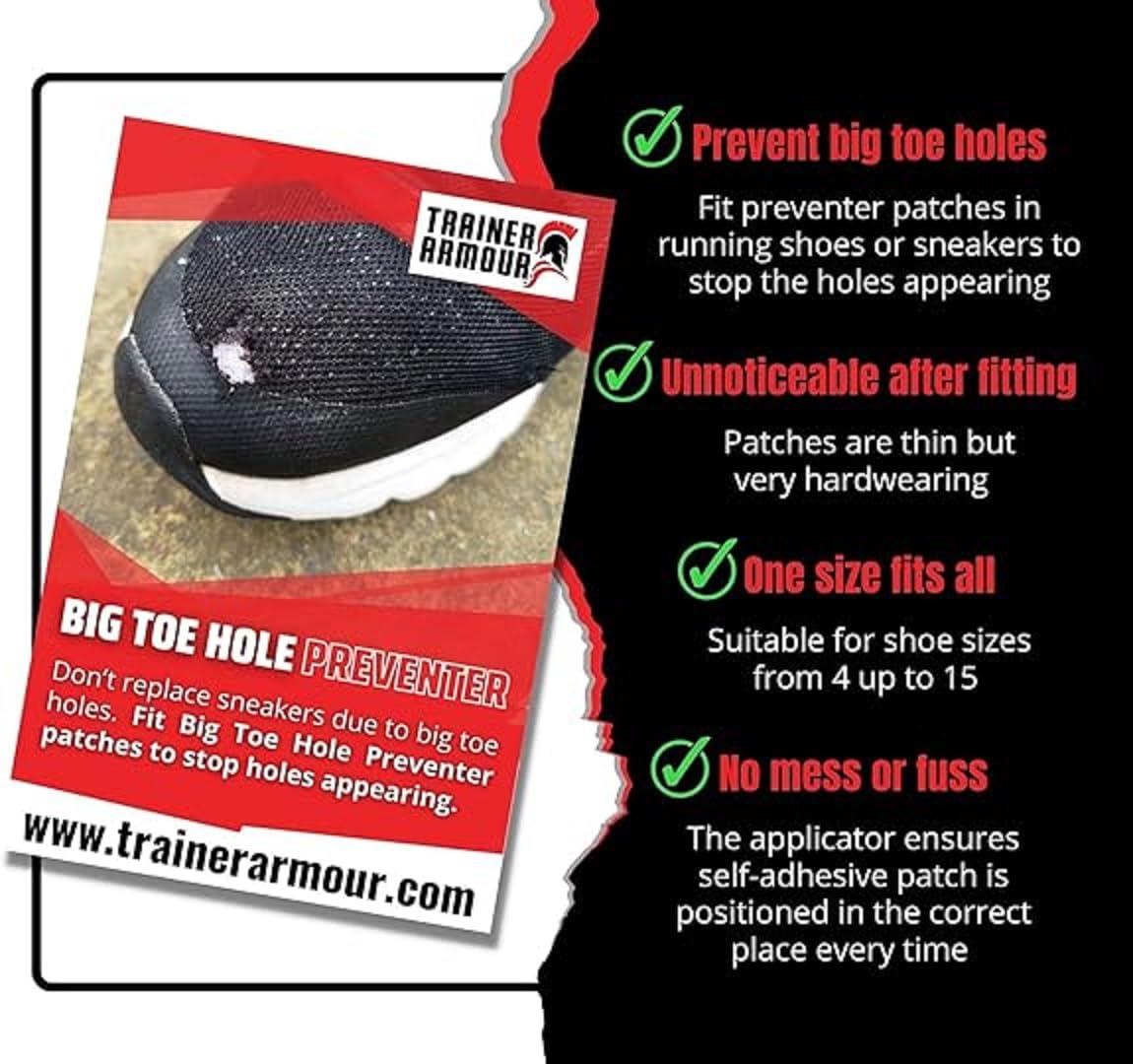 Prevención de agujeros en el dedo del pie para zapatos de correr y calzado de tela. Parches autoadhesivos con un aplicador inteligente. Fuerte e imperceptible cuando se ajusta.