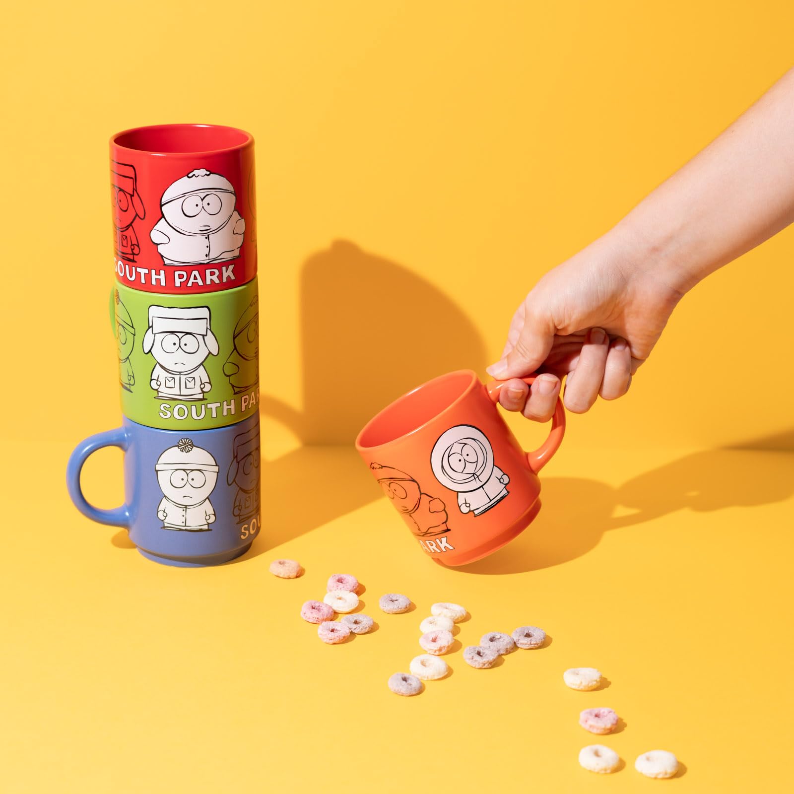 Grupo Erik South Park Set 4 Tazze 300 ml | Set Tazze Colazione Porcellana | Impilabili, con Supporto Metallico, Adatte Lavastoviglie e Microonde, Tazzine Caffè Particolari, Idee Regalo