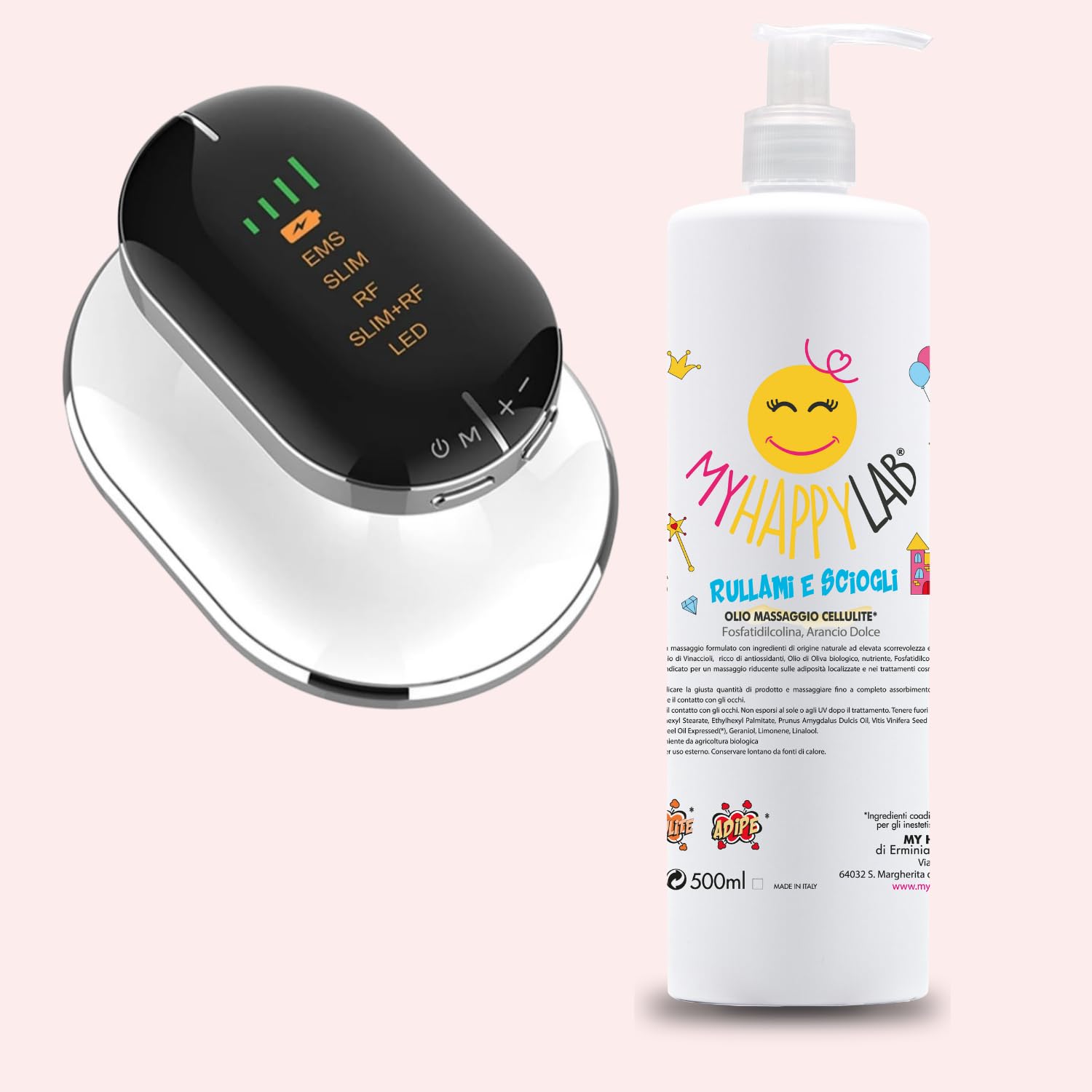 Manipolo di Radiofrequenza Professionale domicilare corpo + OLIO PROFESSIONALE "RULLAMI E SCIOGLI" OLIO DA MASSAGGIO CELLULITE ED ADIPE LOCALIZZATO Flacone da 500 ml