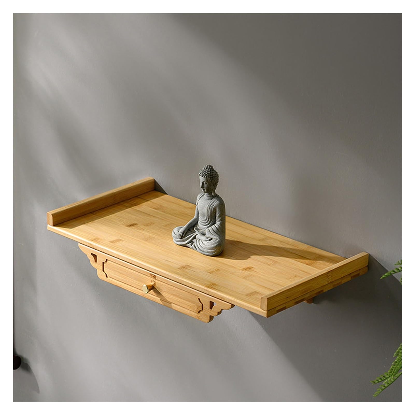 Table autel Bouddha murale en bambou marron de 50cm avec tiroir pour prière