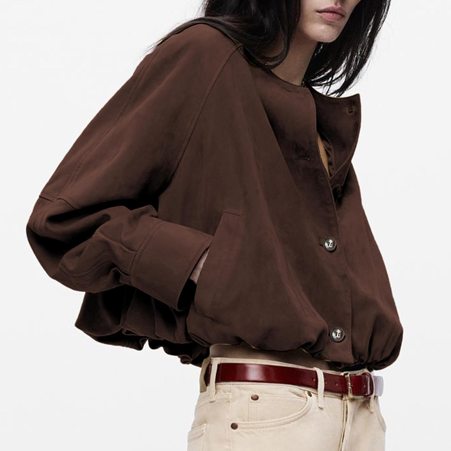 Ainangua Women's Faux Suede Button Bomber Jacket Oversized Gathered Hem Short Coat Casual Cropped Leather Jacket Outerwear - Image 4