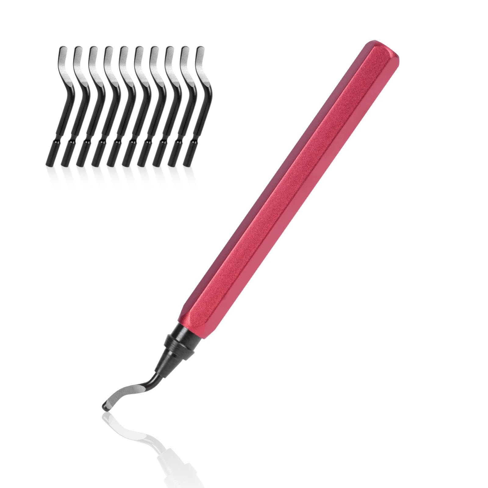 flintronic narzędzie do usuwania zadziorów, uniwersalne narzędzie do usuwania zadziorów, metalowy uchwyt z 11 zapasowymi ostrzami, obrotowe ostrze 360°, narzędzie tnące do drukarki 3D, Czerwony