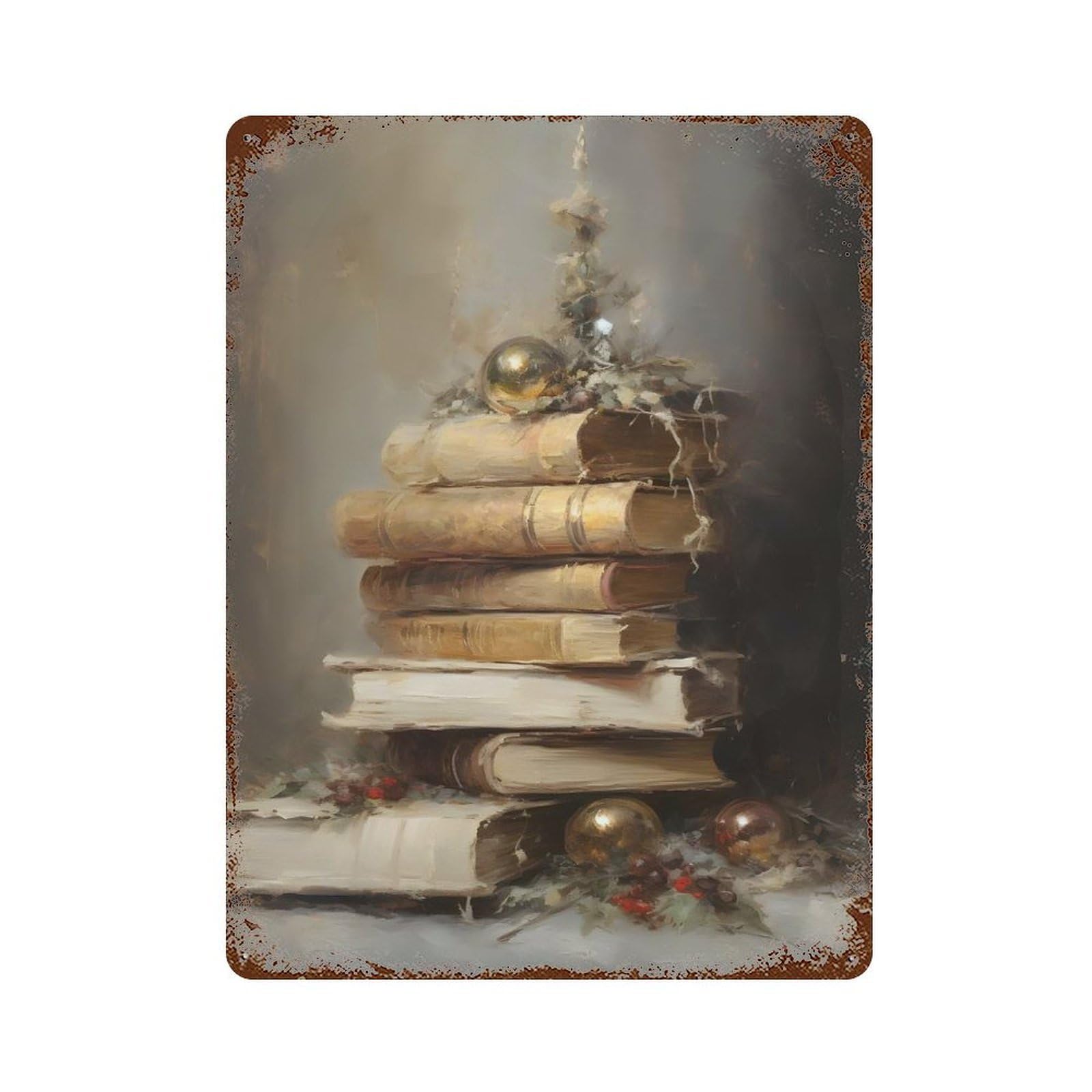 Rust Effect Christmas Books Aged Metal Wall Plaque 15.7"x11.8", Shabby Chic Decor for Basement, Hobby Room And Garage Decor