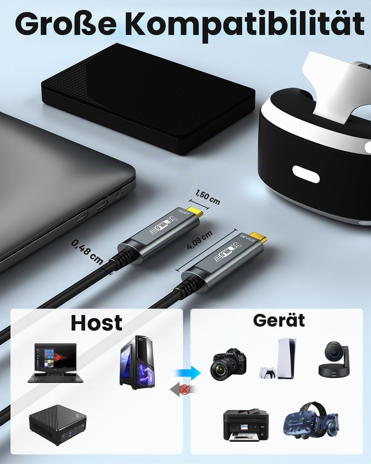 USB C Glasfaserkabel 10M, 10Gbps Glasfaser USB 3.2 Gen2 Kabel mit German SiliconLine Chip, Verlustfreie Fernübertragung für Machine Vision,Logitech 4K Kamera,VR/AR,Videokonferenz und Industrie-Systeme