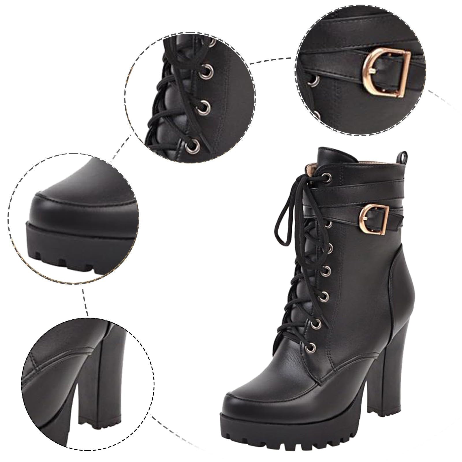 Stivali Donna Tacco Quadrato Stivali con Tacco Traforati con Fibbia Zip Laterale Stivaletti Signore Autunno E Inverno Casual Strass Fibbia Pizzo Splicing Chunky Tacco Zipper Alto Tacco