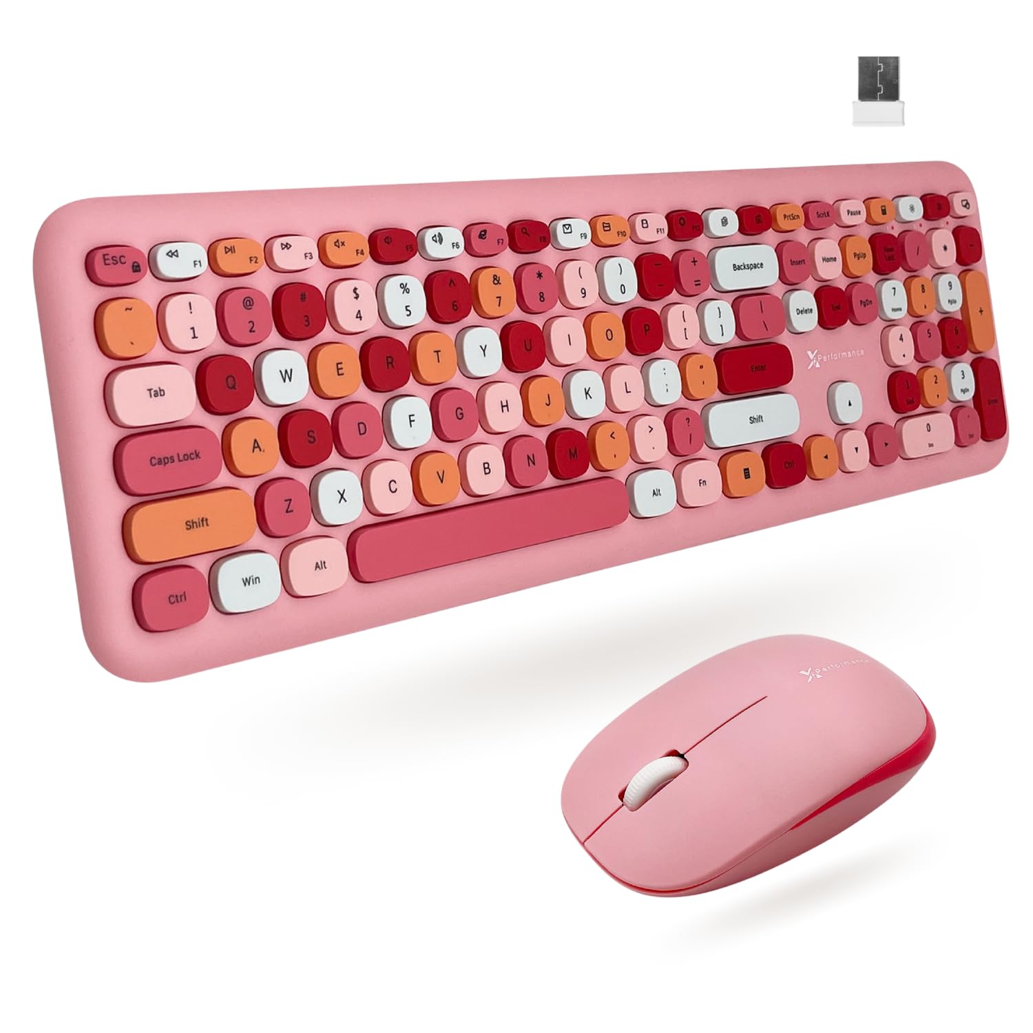 X9 Pink Cute Wireless Keyboard and Mouse Combo - 2.4G Retro Typewriter-Style with Aesthetic Bubble Keys - Colorful Hot Pink Keyboard and Mouse