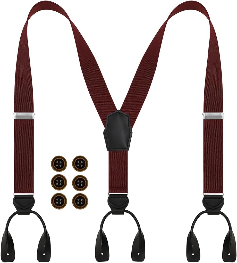 Suspenders for Men Genuine Leather Buttons End for Wedding Adjustable Elastic