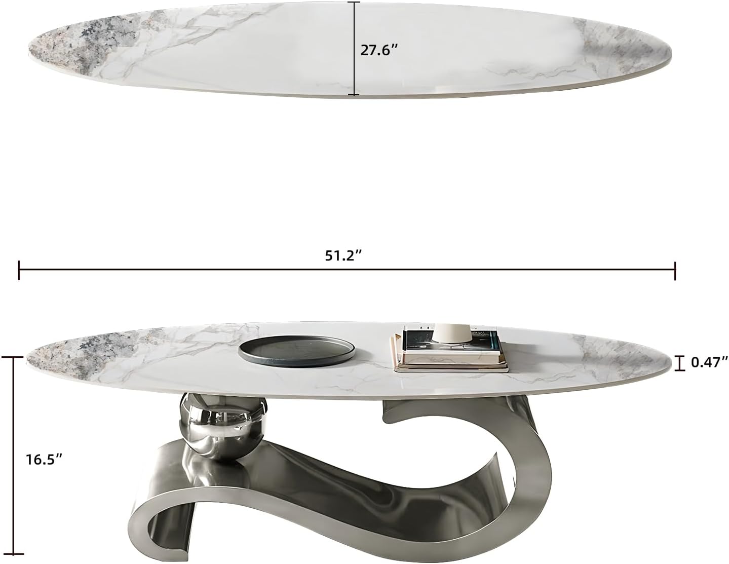 52" Oval Marble Coffee Table for Living Room, Modern Stainless Steel Silver Metal Base, Scratch-Resistant Accent Table, Luxury Center Table for Home Decor, Easy Assembly