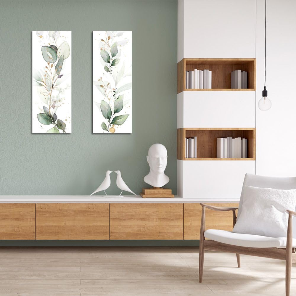 artissimo Bild aus Glas 30x80 cm Blumen AG4762A – modernes Glasbild Wandbild Hochformat, Wanddeko Wohnzimmer salbei grün gold, Boho Aquarell Stil