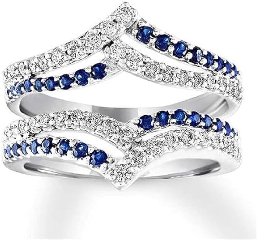 Round Cut Created Blue Sapphire & Diamond Solitaire Enhancer Guard Wrap Engagement Wedding Ring For Womens 925 Sterling Silver