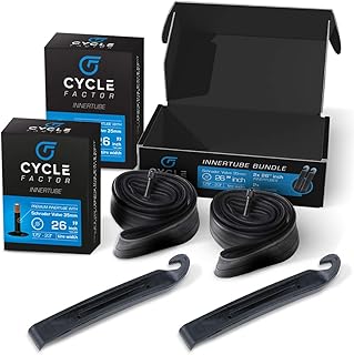 Cycle Factor 26â€ Mountain/Hybrid Bike Inner Tube 2 Pack 26x1.75/2.3 Inch Replacement + 2 Tire Levers, 35mm Schrader Valve - Premium Butyl Rubber Bicycle Tires, Long-Lasting Inflation