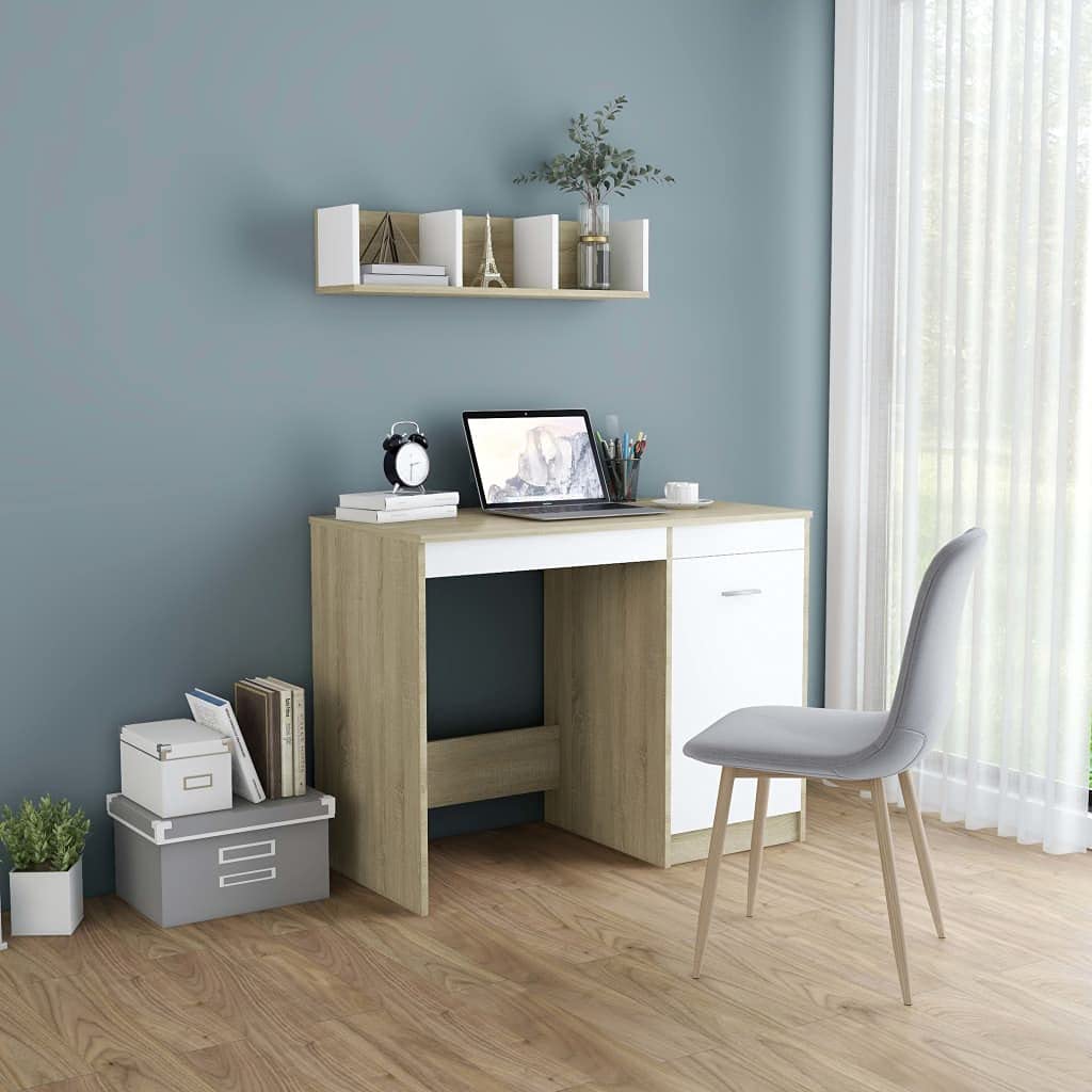 Bureau ordinateur ergonomique gain de place blanc chêne Sonoma pour télétravail
