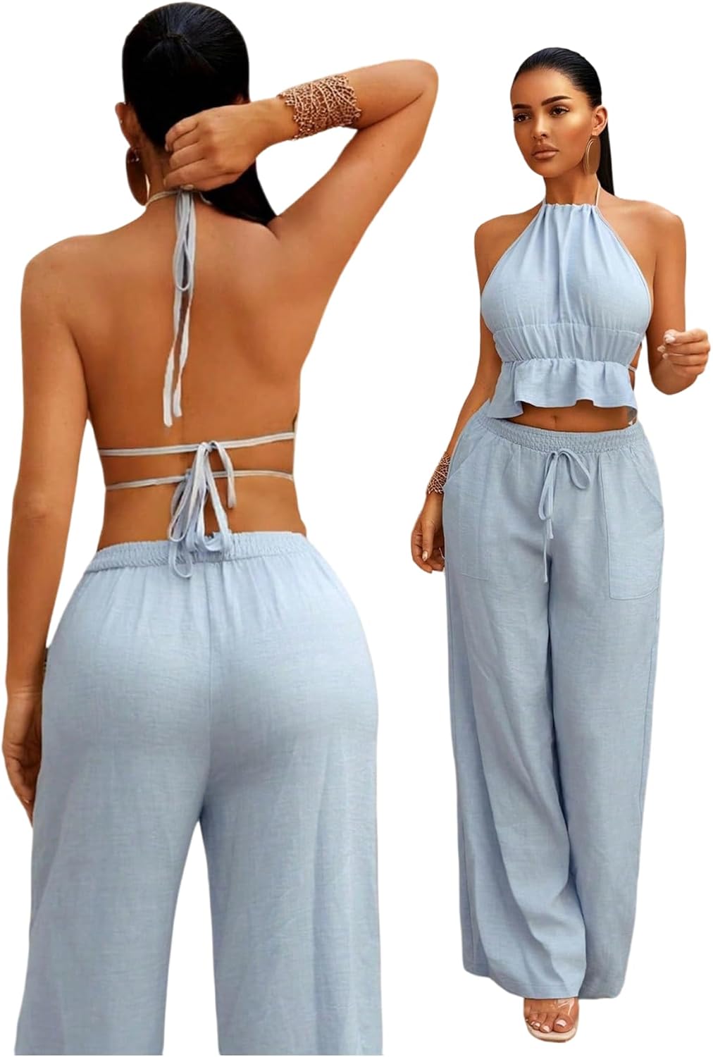 SweatyRocks Women's 2 Piece Summer Outfits Tie Backless Halter Peplum Top and Pants Matching Set - Image 6