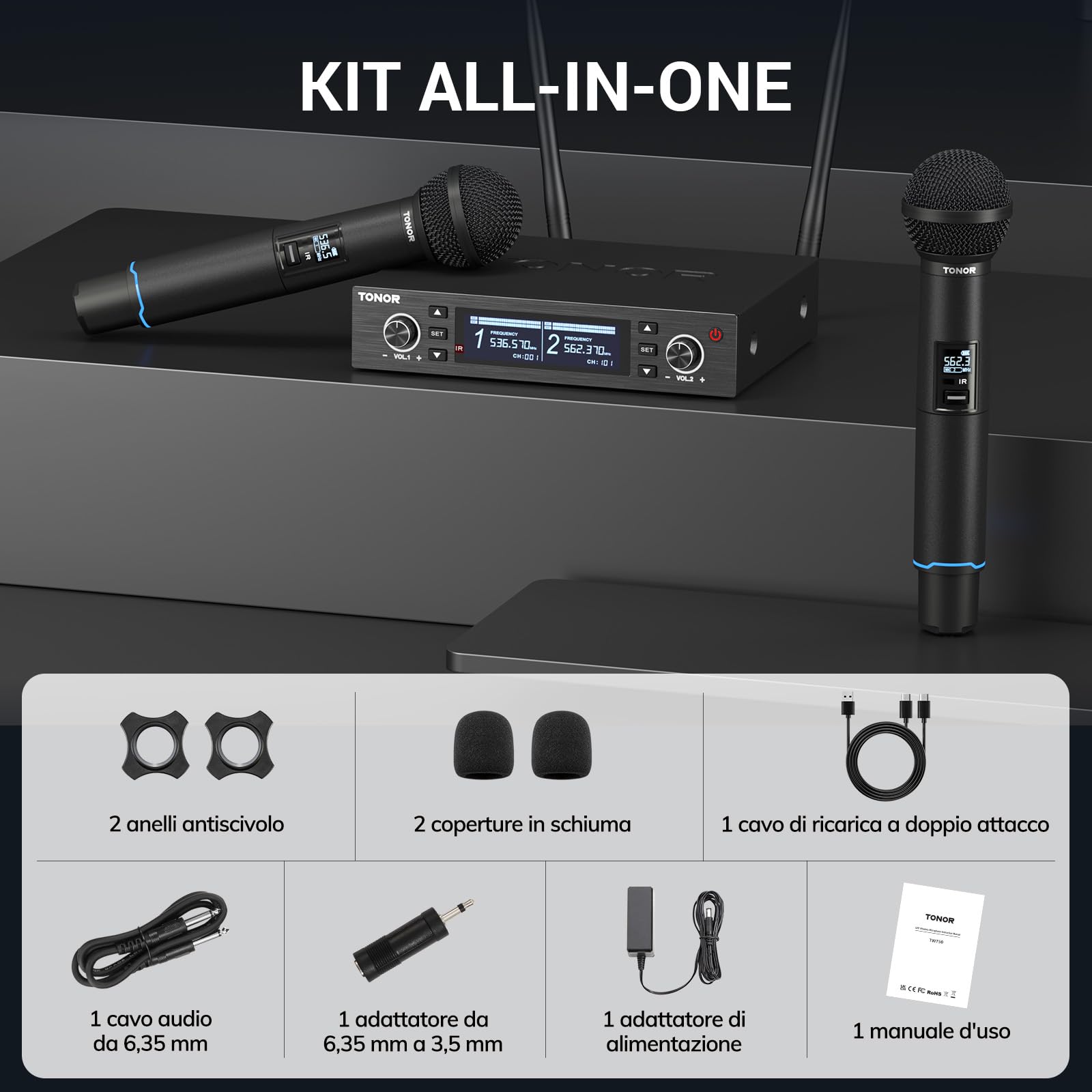 TONOR sistema microfono wireless, microfono ricaricabile professionale, microfono dinamico cordless in metallo 2x100 UHF per karaoke, chiesa, canto, matrimonio, riunione, DJ, Auto Scan, 100M, TW750