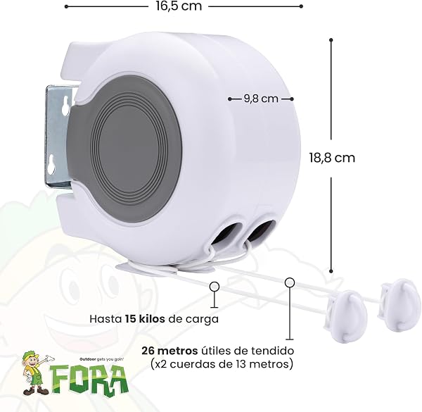 FORA Tendedero De 2 Cuerdas Retráctiles Extensible 26m (13m×2) – Interior y Exterior, ABS+PVC, Giro 180°, Carga Máx 15 Kg, Cuerda 2.9mm, Blanco/Gris - 2