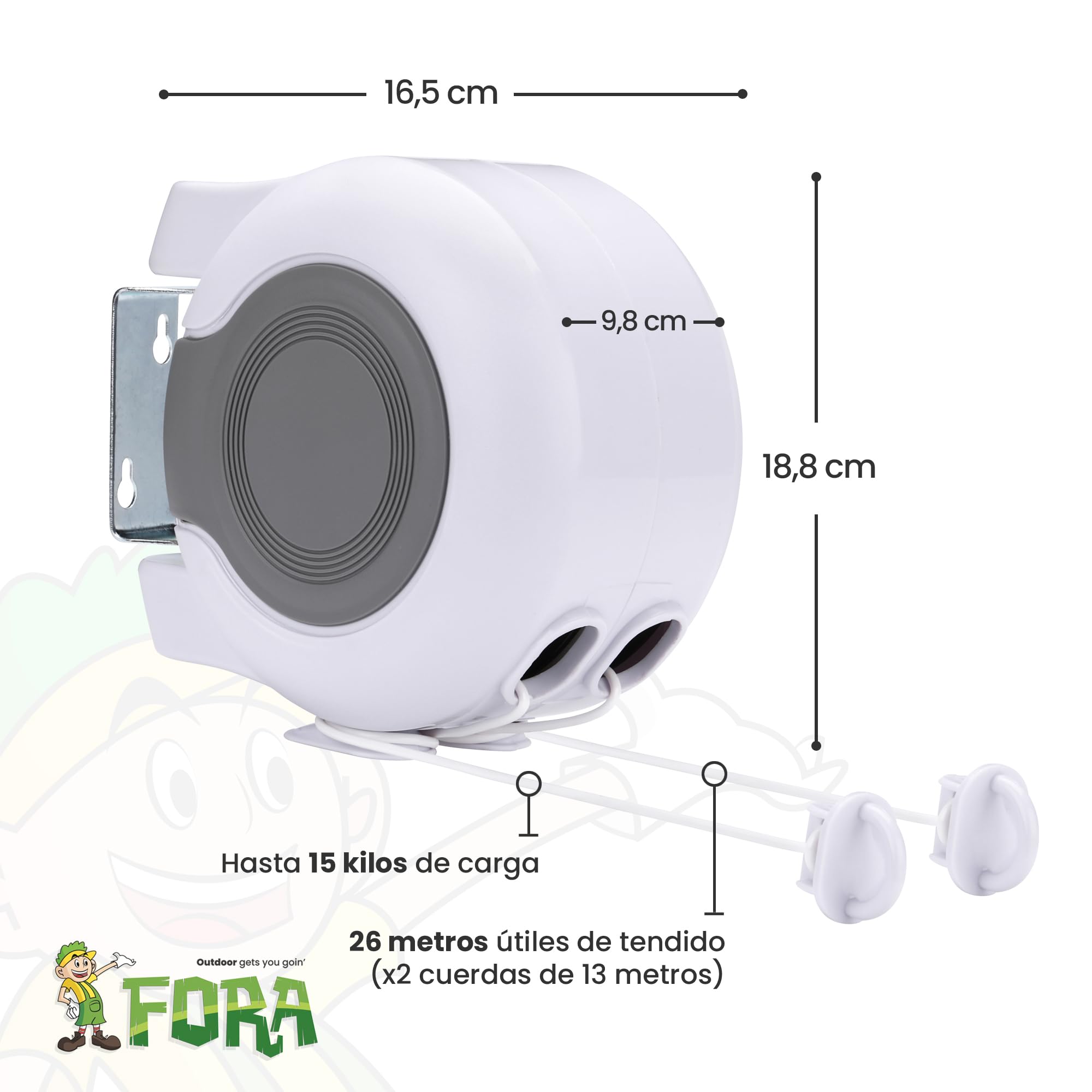 FORA Tendedero De 2 Cuerdas Retráctiles Extensible 26m (13m×2) – Interior y Exterior, ABS+PVC, Giro 180°, Carga Máx 15 Kg, Cuerda 2.9mm, Blanco/Gris — view 2