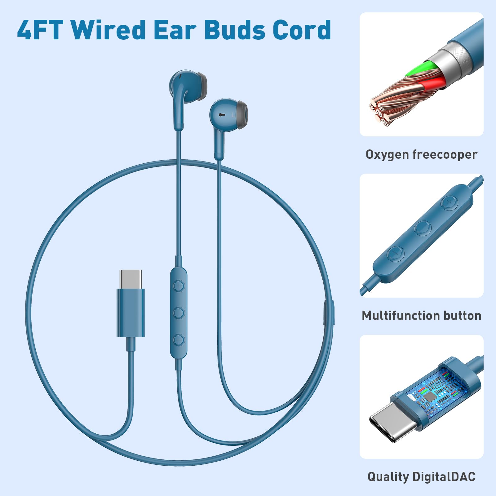 USB C Kopfhörer mit Kabel für Samsung Galaxy A17 A56 A36 A26 A16 A35, Blau | In-Ear USB C Headset mit Mikrofon Kopfhörer Typ C für Galaxy Z Fold7 S26 Ultra A53 A33 A54/xiaomi 17T Redmi Note 15 Pixel