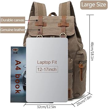 AUGUR Canvas Vintage Backpack, Casual Rucksack Bookbag Satchel Hiking Travel Outdoor Backpacks for 12-17 inch Laptop, (Larger-Army Green)