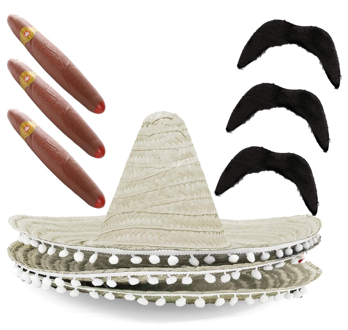 I LOVE FANCY DRESS Adults Mexican Sombrero Hats in Natural - 3 Pack with Cigars and Fake Moustaches - Mexico Summer Party Stag Night Hen
