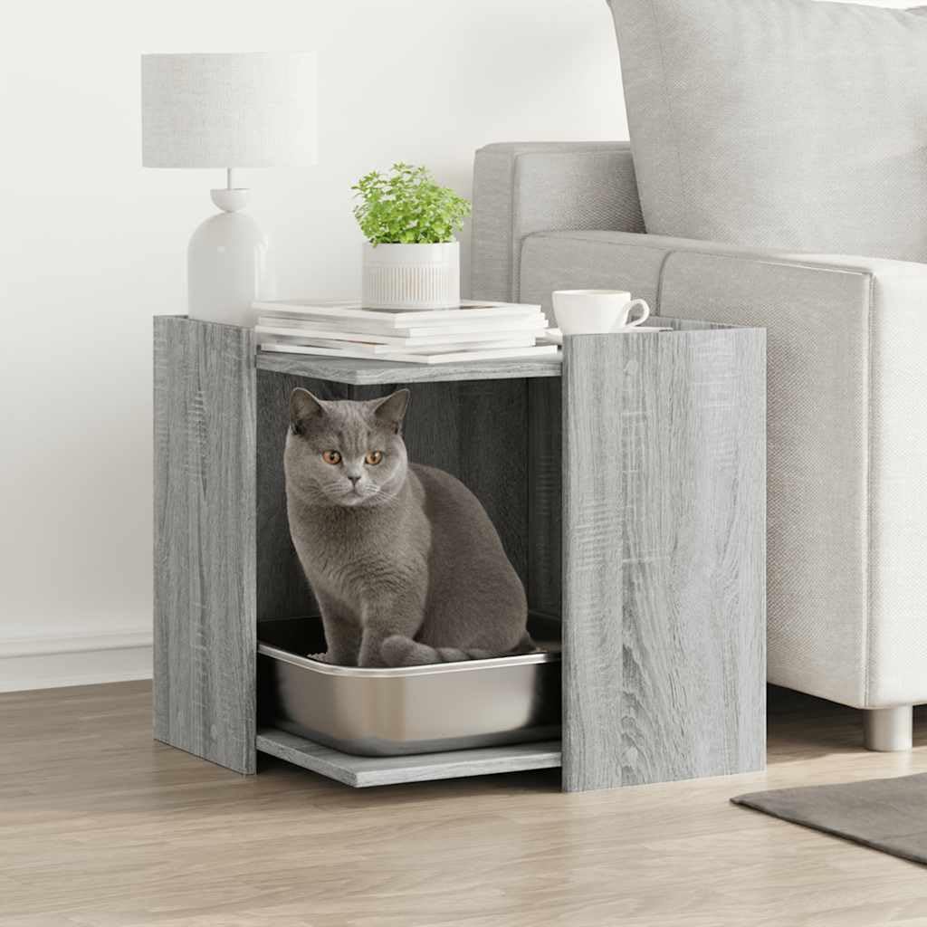 Katzenklo Schrank Grau Sonoma, 53x53x51 cm Katzenhaus Holzwerkstoff, Beistelltisch für Katzen, Katzenhöhle versteckt für Katzentoilette und Katzenbett