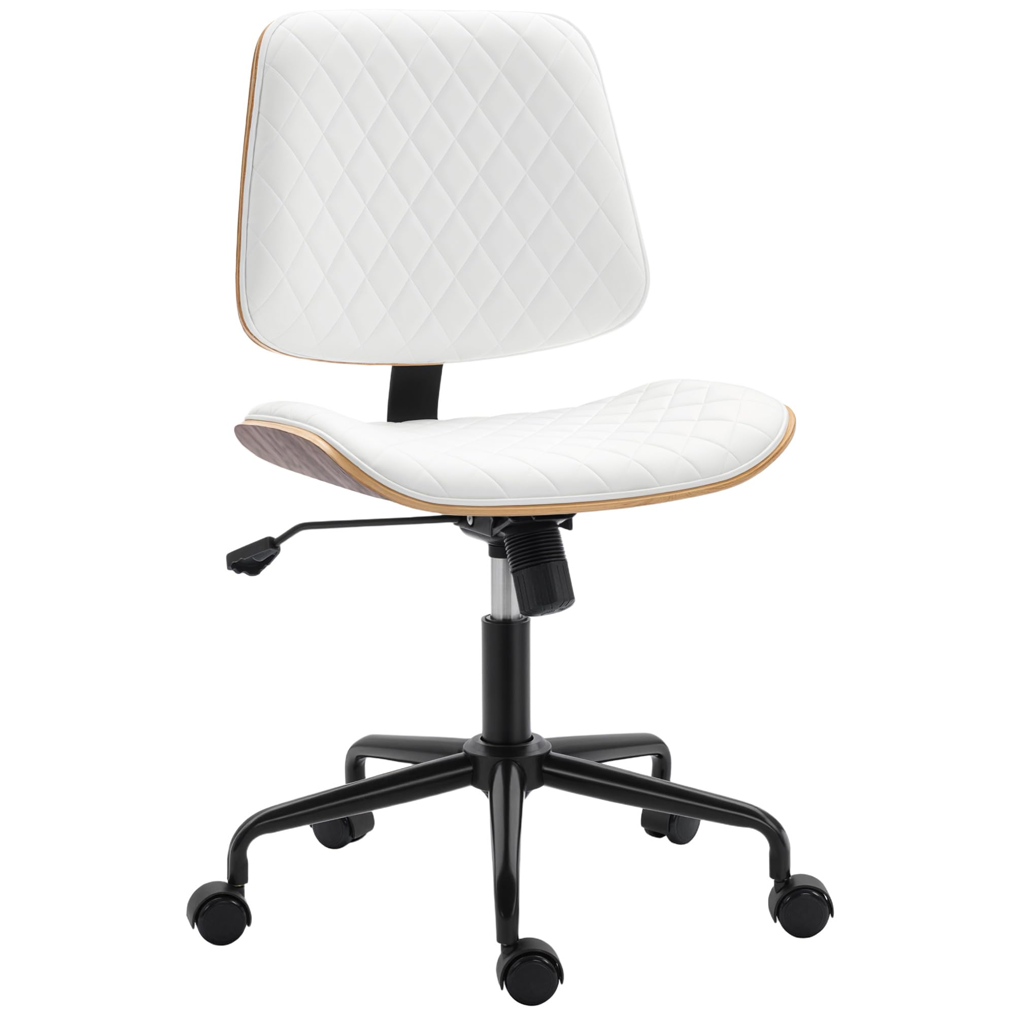 HOMCOM Silla de Escritorio sin Brazos, Silla de Oficina Giratoria, Tapizada en Cuero Sintético, con Respaldo Curvado, Asiento Forma U, Altura Ajustable, Basculante, Sillón de Maquillaje, Blanco