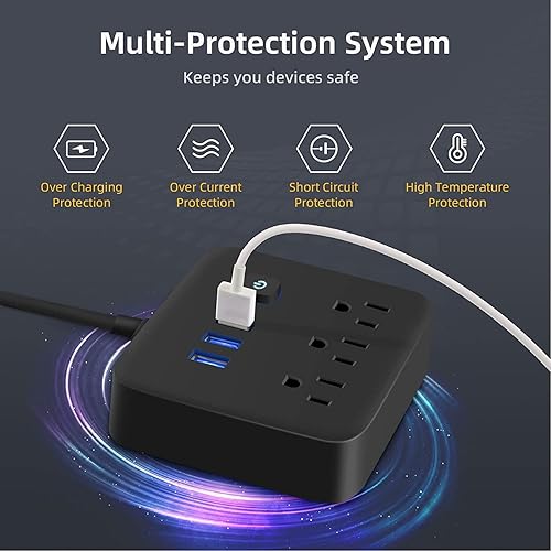 Miniatura 3 de Regleta de alimentación con protección contra sobretensiones, puertos USB, estación de carga de escritorio, enchufe plano, montaje en pared, cable