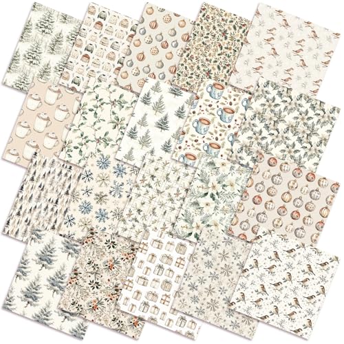 FuWeave 60 Pcs 10 x 10 Inch Boho Christmas Quilting Fabric Woodland Christmas Fat Squares Patchwork Precut Neutral Beige Fabric Bundles for Xmas Winter Quilting Crafting DIY Craft Sewing