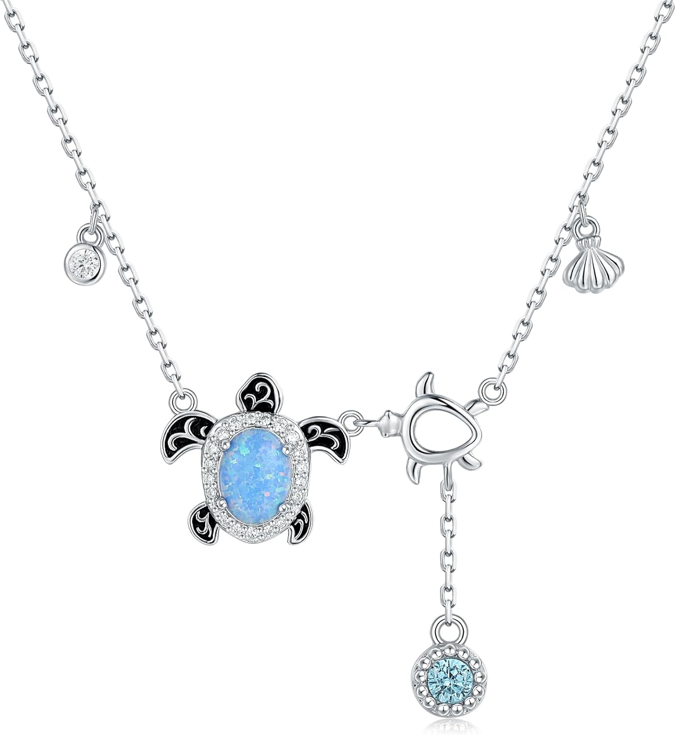 925-Sterling-Silver Sea Turtle Necklace for Women - Opal Turtle Pendant with Shell Bithday Mother's Day Christmas Ocean Theme Jewelry gift for Mom and Daughter