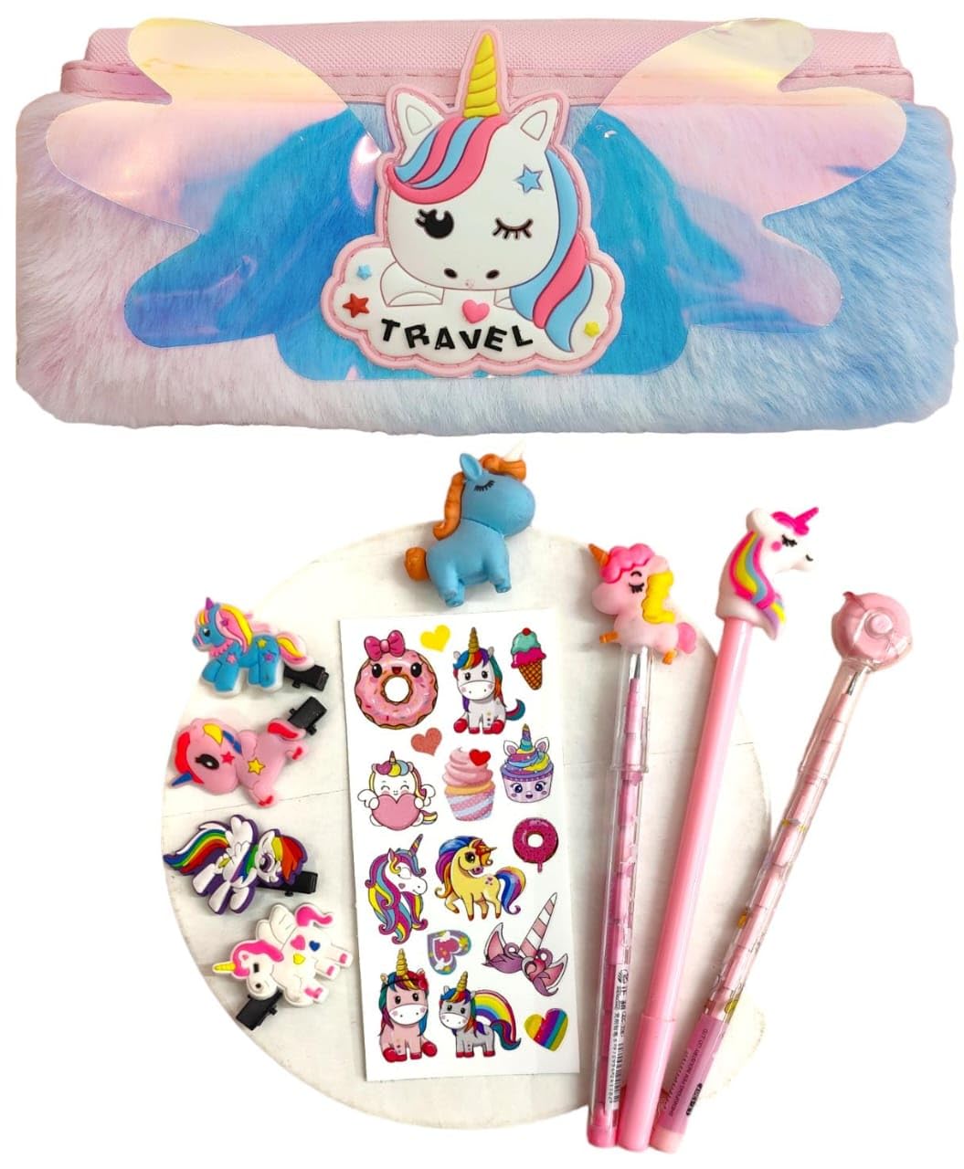 TERA 13 Unicorn Stationery Pouch Combo for Girls, Unicorn Pencil Pouch for Kids, Pen Pencil Eraser Kit for Girls Return Gifts for Girls Unicorn Birthday Gifts Stationery Set (Pack of 7 Items)
