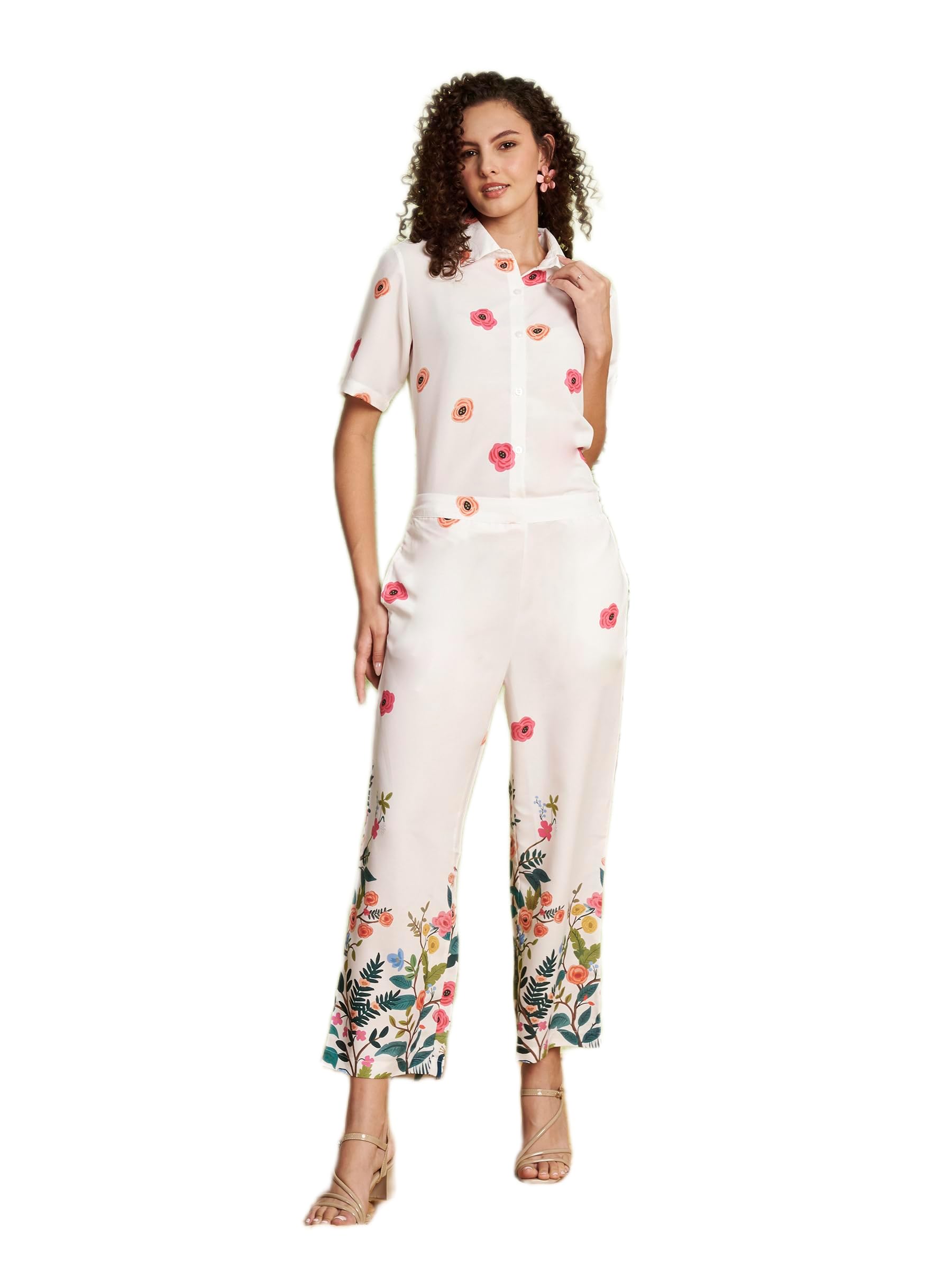Women's Floral Printed Shirt & Wide Leg Pants Co-Ord Set | Half Sleeve Button Down Two Piece Outfit | Casual, Vacation, Resort & Everyday Wear-Size-XS White-image-38