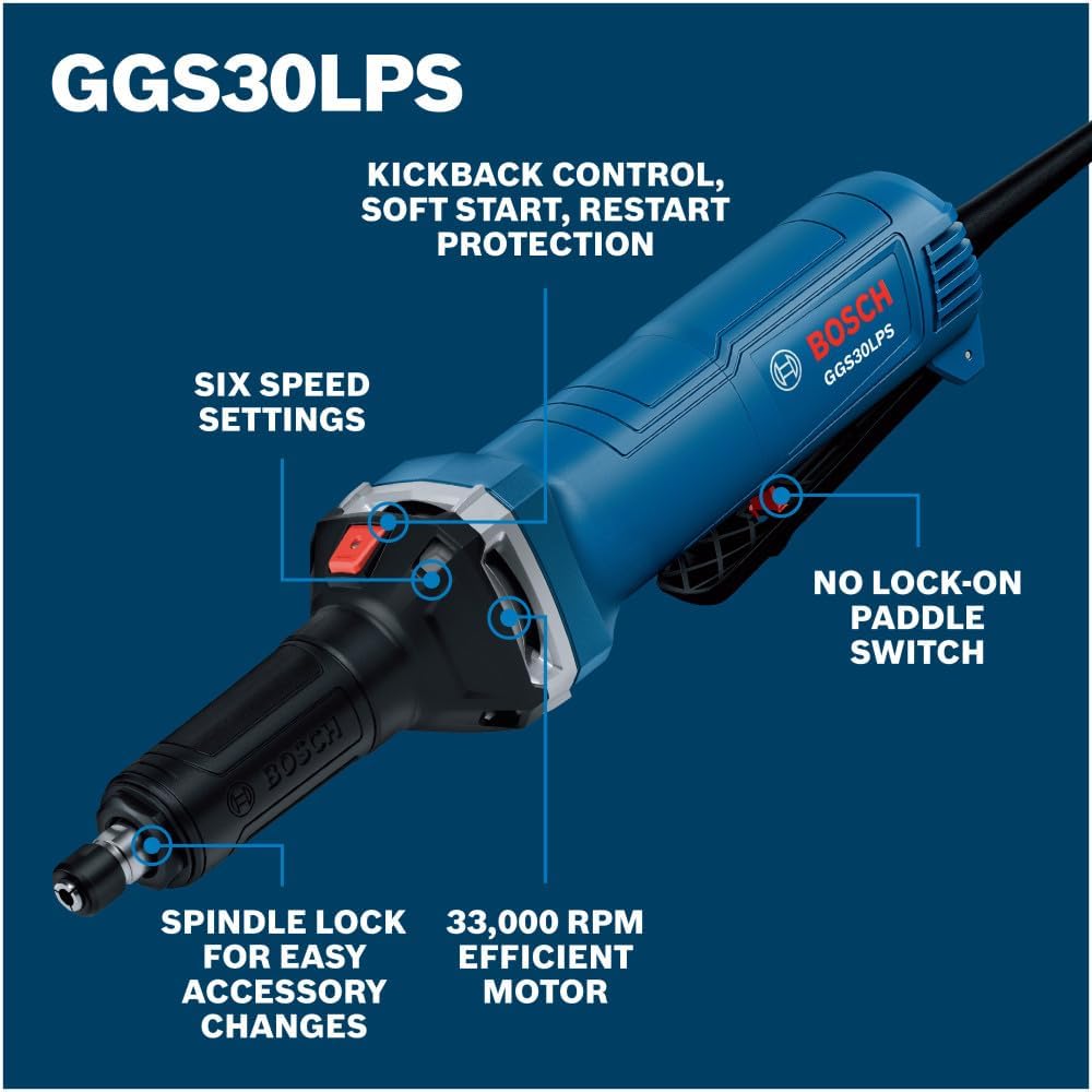 BOSCH GGS30LPS 6 Amp Electric Die Grinder - with Paddle Switch & Kickback Control, for Professional Metalworking, 1/4-Inch Collet