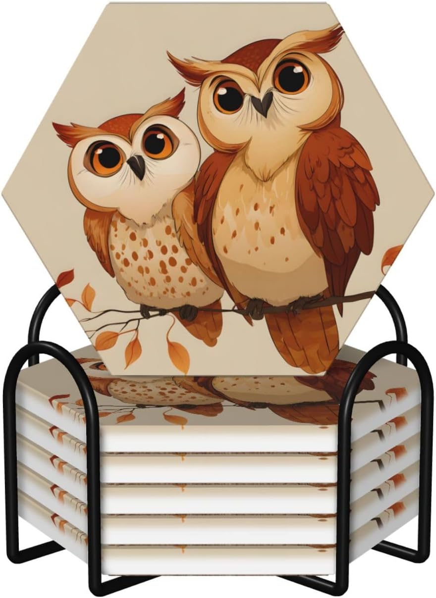 (Cute Brown Cartoon Owls) Ceramic Coasters Set of 6 with Holder Non-Slip Hexagon Coffee Coasters for for Cup Mug Drink Patio Coffee Table Decor, Christmas Coasters Home Bar Supplies