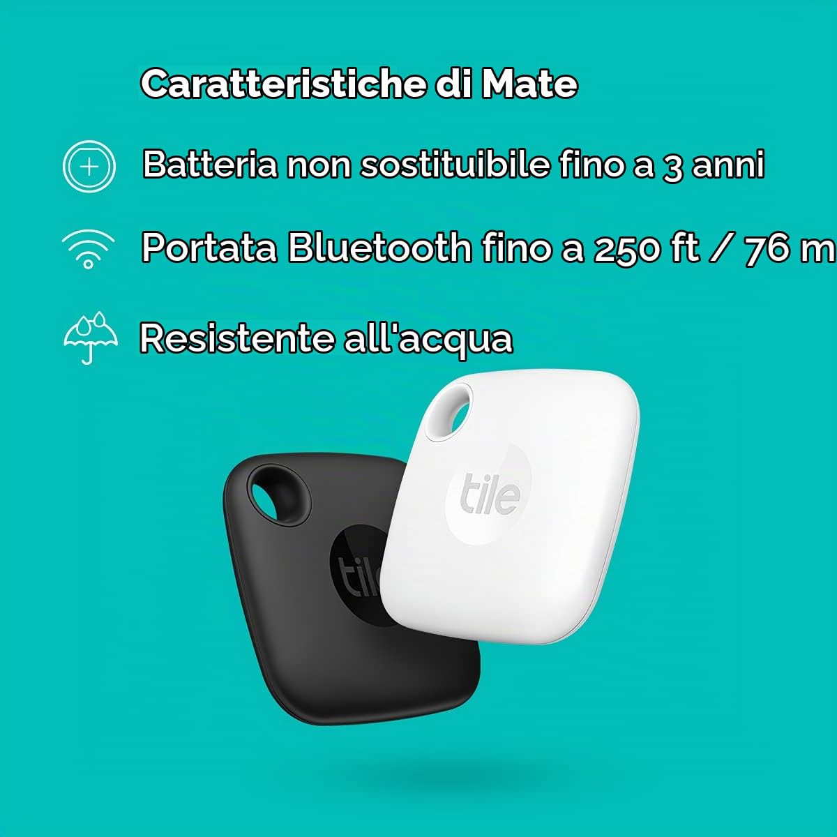 Tile Mate (2022) Bluetooth Trova oggetti,2 Pezzi, Portata rilevamento 60m, compatibile con Alexa, Google Home, iOS e Android, Trova chiavi, telecomandi e altro, Nero/Bianco