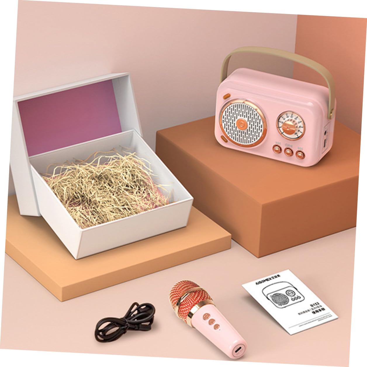 Altavoz Portátil con Micrófono Inalámbrico Compacto para Karaoke, Estilo Retro, Función de Conexión Inalámbrica, Uso en Exteriores y Hogar, Diseño Ligero para Jóvenes, Color Rosa