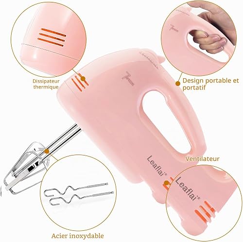 Batteur à Main– Batteur électrique de 300W à 7 Vitesses avec 5 Accessoires en Acier Inoxydable, Fonction Turbo/réglage Automatique de la Vitesse + Bouton d'éjection Batteur pour Gâteaux et œufs, Rose - 2