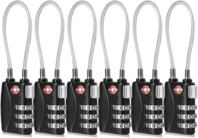 CFMOUR TSA Locks - 1, 2, 3, 4, 5, 6 Pack 3-Dial Security Cable Travel Combination Padlock for Suitcase Luggage Case Bag Code Lock - Black (Pack of 6)