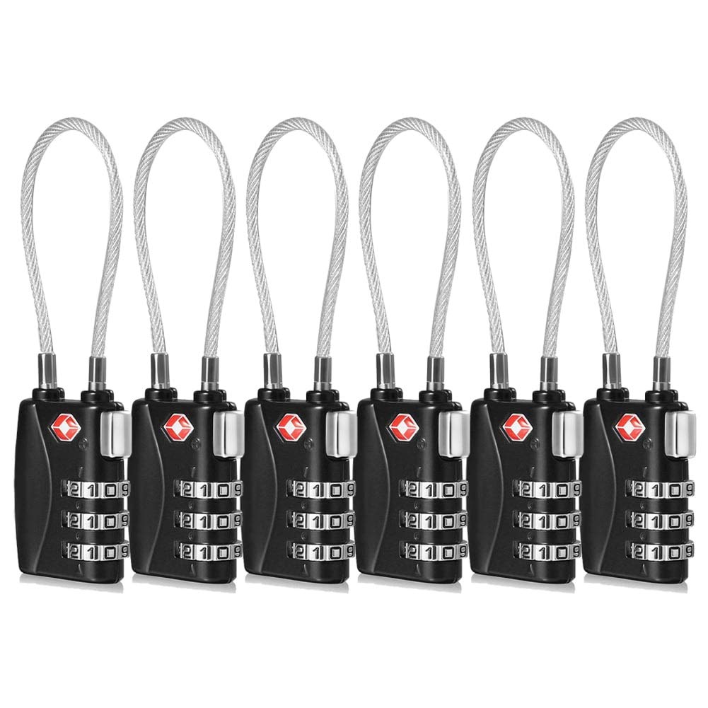 cfmourTSA Locks - 1, 2, 3, 4, 5, 6 Pack 3-Dial Security Cable Travel Combination Padlock for Suitcase Luggage Case Bag Code Lock - Black (Pack of 6)